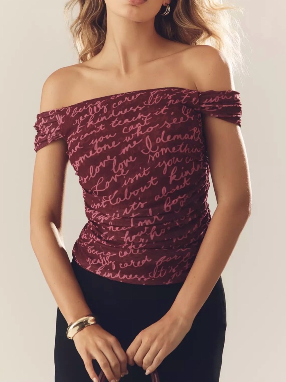Anthropologie Burgundy Script Off-Shoulder Ruched Top